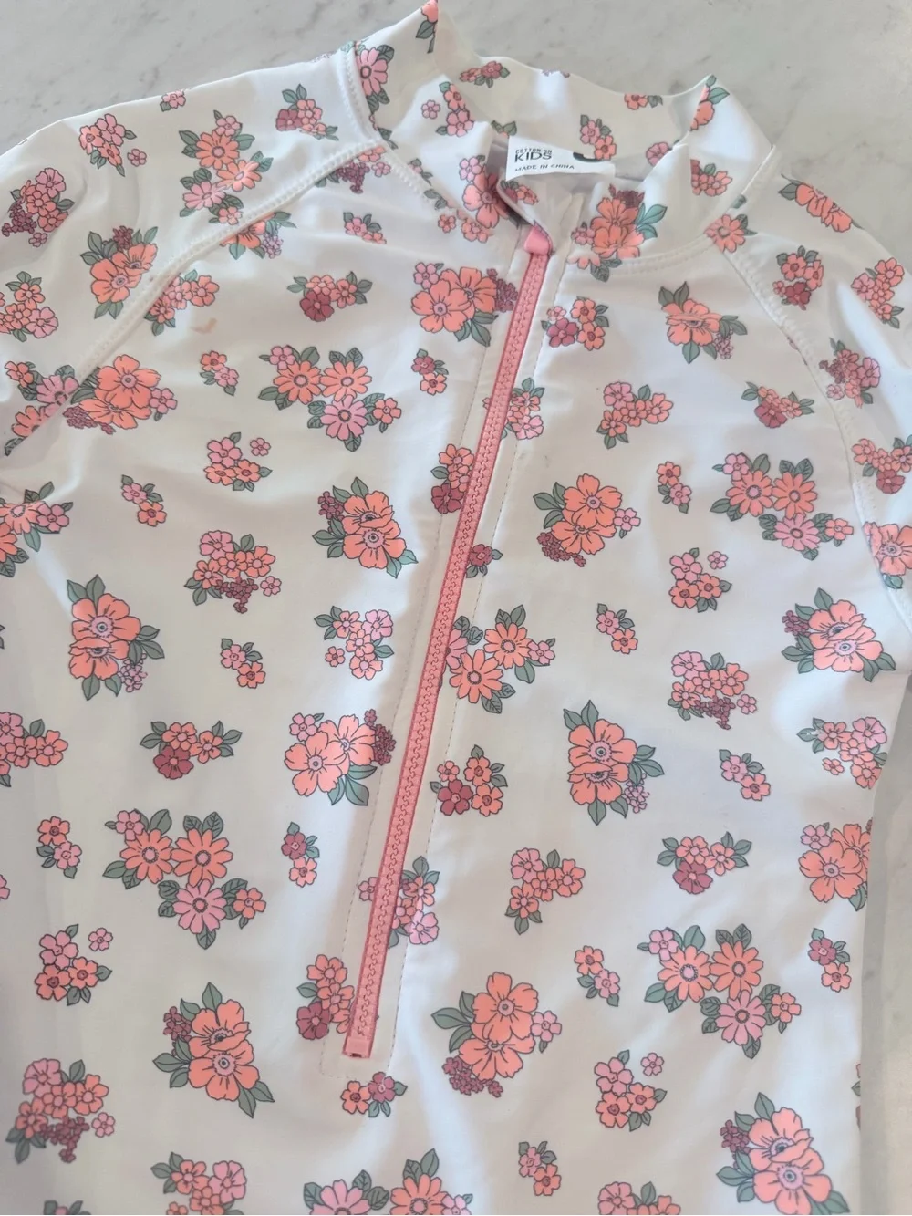 Cotton On White Long-Sleeve Floral One-Piece Swimsuit with Coral Flowers